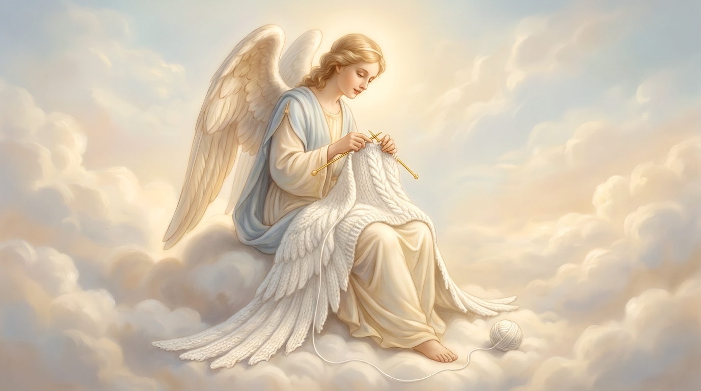 Illustration of a winged angel seated on a cloud, knitting a sweater